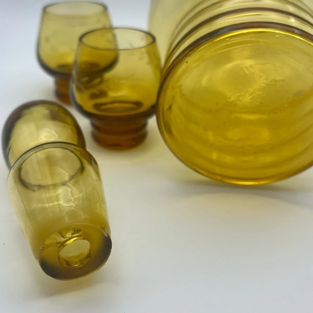 Vintage Mid-Century Etched Elegant Amber Glass Petite Decanter/Glass Set